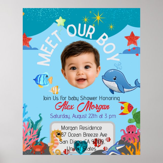 Poster Convite de Churrasco de Bebê Menino - Sob o Mar (Frente)