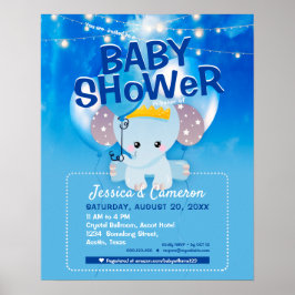 Poster Convite de festa de bebê com elefante azul fofo e