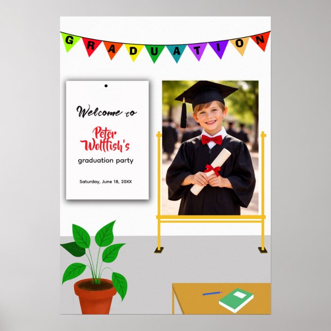Poster Convite de Festa de Formatura do Menino com Placa  (Frente)