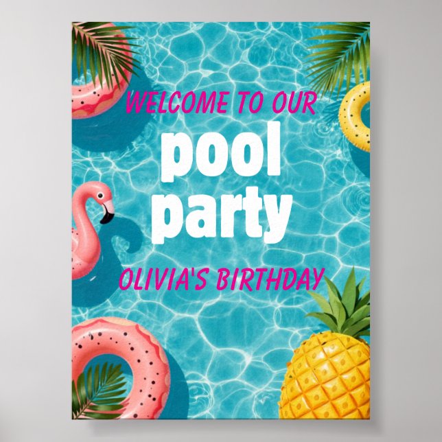 Poster Convite de Festa na Piscina Flamingo Diversão Trop (Frente)