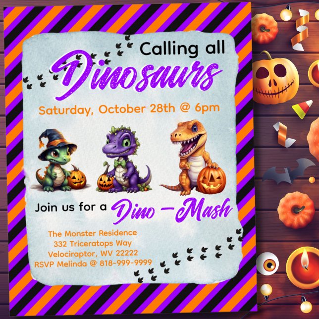 Poster Convite de festas Dino-Mash do Dinossaur do Hallow (Diagonal stripe Dinosaur Halloween Dino-Mash Invitation Poster in Purple, Orange and Black)