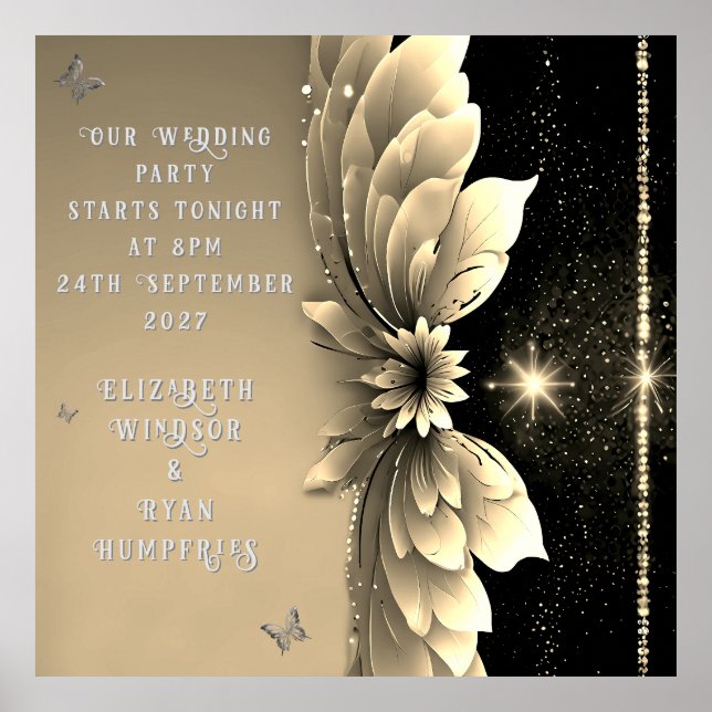 Poster Convite para Casamento Dourado Floral Metálico Mod (Frente)