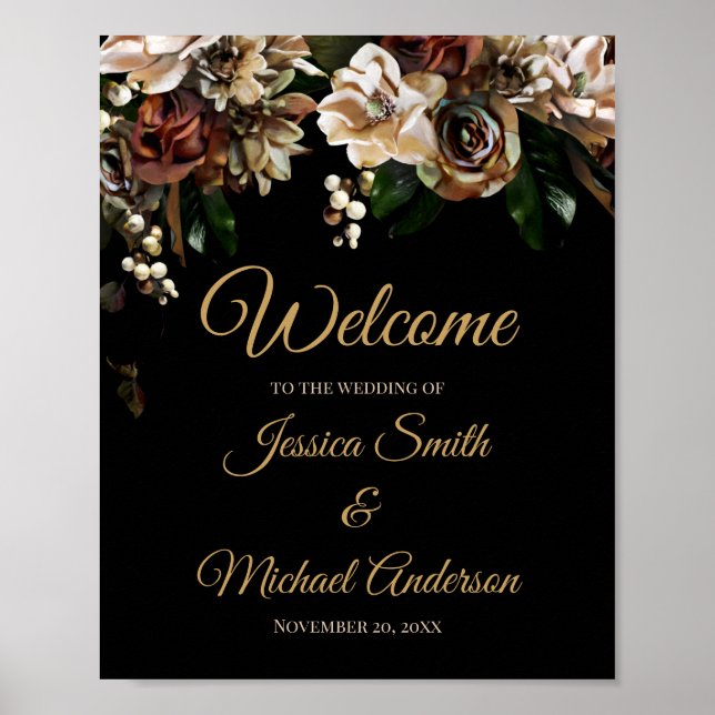 Poster Convite para Casamento Floral de Magnolia Dourada  (Frente)