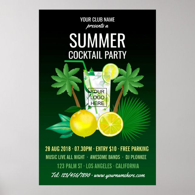 Póster Convite para Clube de Coquetéis de Verão/Festa Cor (Frente)