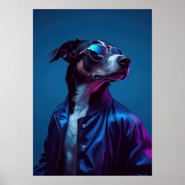 Poster Cool Dog in Blue Jacket - Retro Neon Animal (Frente)