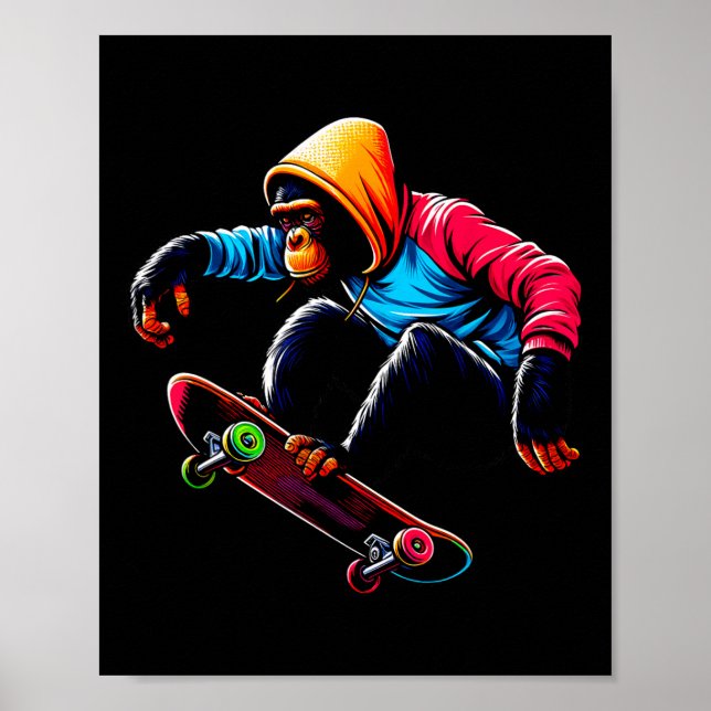 Poster Cool Funky Bonobo Monkey Skateboarding Illustratio (Frente)