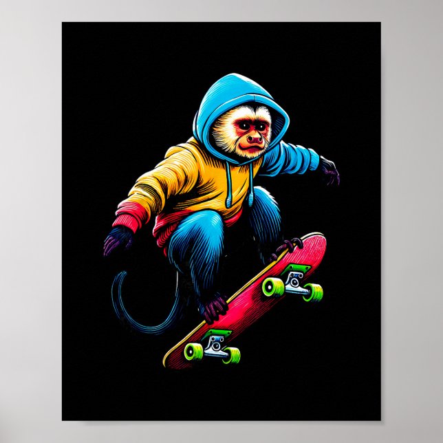 Poster Cool Funky Capuchin Monkey Skateboarding Illustrat (Frente)