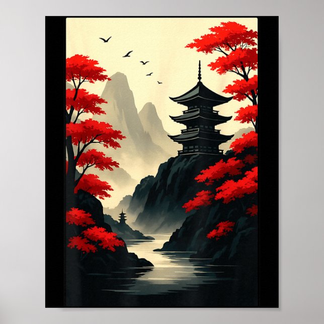 Poster Cool Japanese Pagoda Castle Mountain Landscape Gra (Frente)
