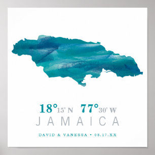 Poster Coordenadas azuis do mapa de JAMAICA da aguarela