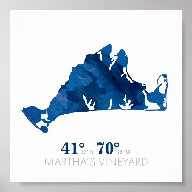 Póster Coordenadas da Vinha da Martha da Cor da Água Azul (Frente)