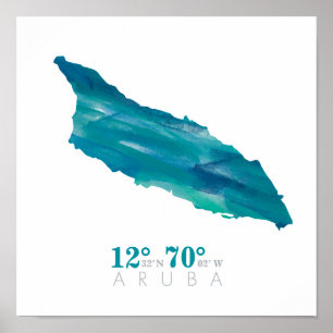 Póster Coordenadas do Mapa de Aruba Água Azul Aquarela