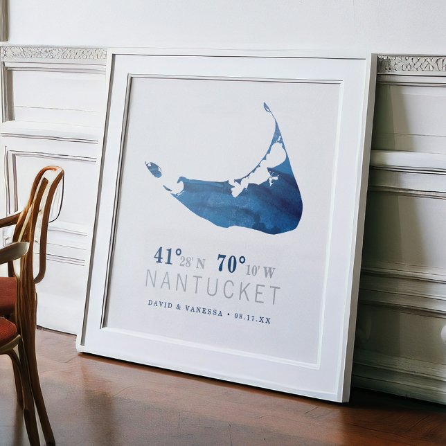 Poster Coordenadas do Mapa do Nantucket da Cor de Água Az (Criador carregado)