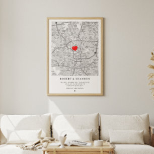 Poster Coordenadas Encontro Coração Casamento Casal Mapa