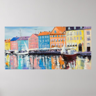 Poster Copenhaga num dia brilhante, edifícios coloridos e