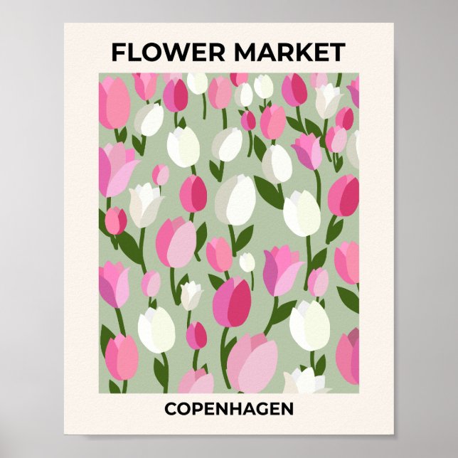 Poster Copenhaga - Tulipas Do Mercado Flor Rosa E Verde (Frente)
