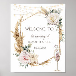 Poster Copo de Champagne com Moldura Dourada Floral