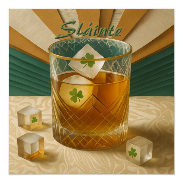 Póster Copo de Uísque Irlandês Shamrock Ice "Sláinte!" (Frente)
