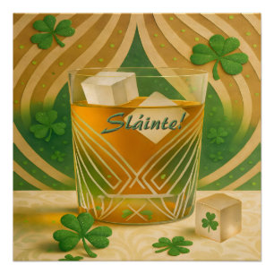 Póster Copo de uísque irlandês Shamrocks "Sláinte!"