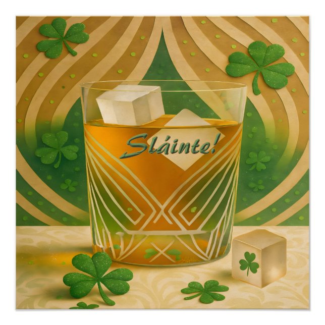 Póster Copo de uísque irlandês Shamrocks "Sláinte!" (Frente)