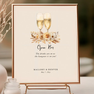 Poster Copo de Vinho de Bar Aberto e Flores Casamento Neu