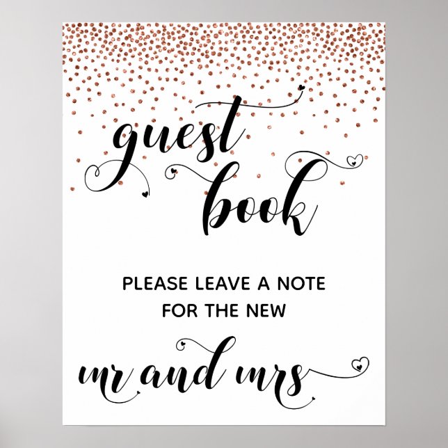 Poster Copper Confetti Hearts Guest Book Reception Sign (Frente)