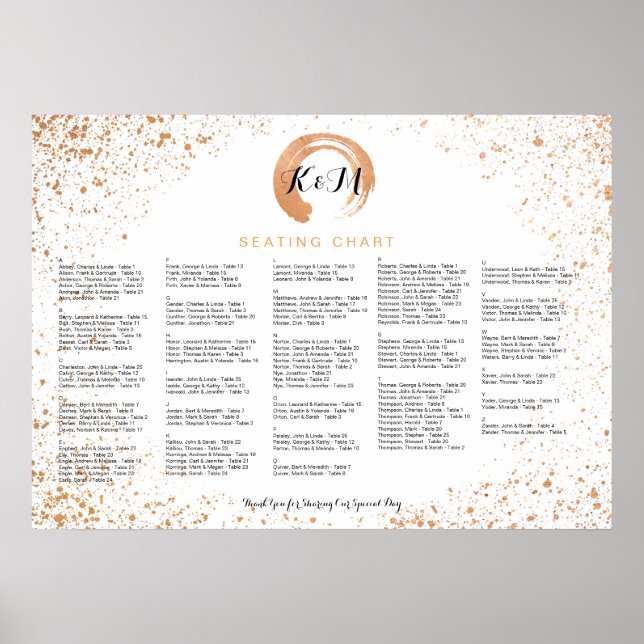 Póster Copper Spray Wedding Seating Chart A-Z, por nome (Frente)