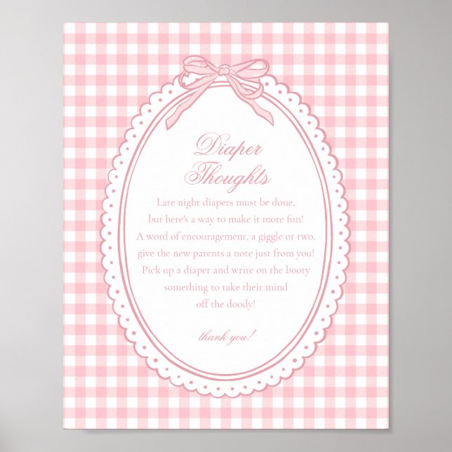 Poster Coquete Gingham Rosa Laço Pensamentos de Fralda Be (Frente)