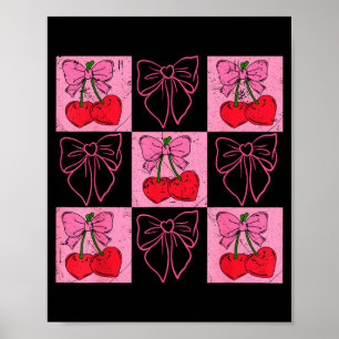 Poster Coquete Xadrez Rosa Laço E Cerejas Vermelhas Valen