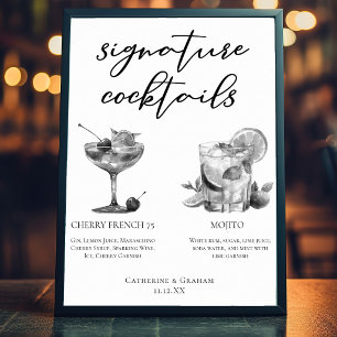 Poster Coquetéis Cereja French 75 Mojito Preto e Branco