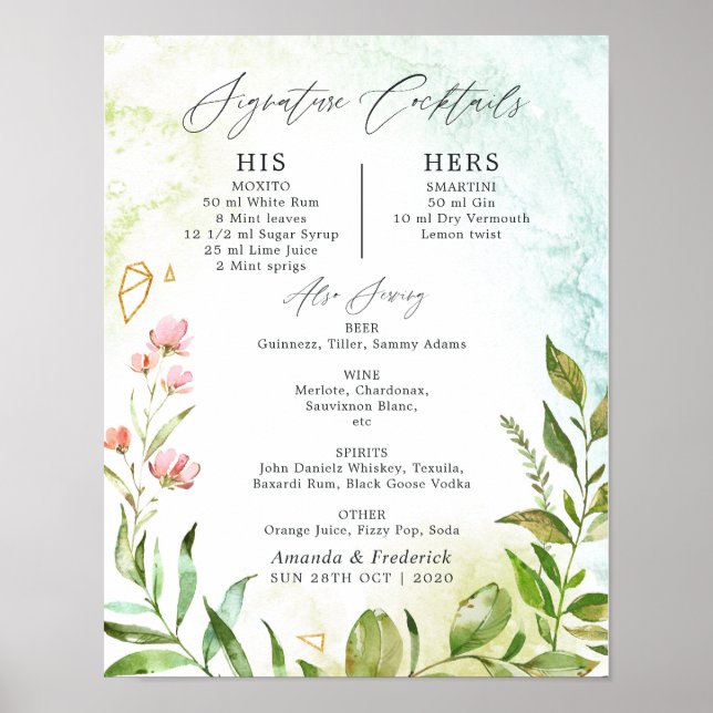 Poster Coquetéis de assinatura de casamento Crystal Green (Frente)