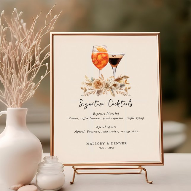 Poster Coquetéis e Flores Neutros para Casamento (Signature Cocktails poster from the Romantic Wedding Signs collection by Darling & May)