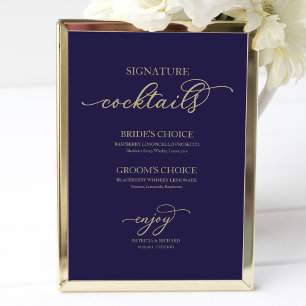 Poster Coquetéis Signature Dourado Script Letra Azul-Mari