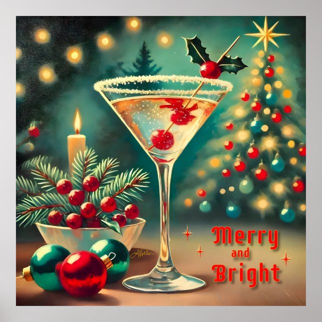 Poster Coquetel de Natal com Feliz retrorada Martini (Frente)