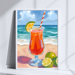 Poster Coquetel de Praia   Pintura em Aquarela Ondas do O