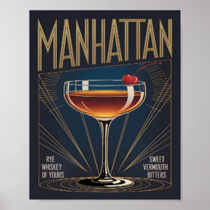 Poster Coquetel Manhattan Arte Deco Azul Marinho Bar
