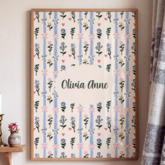 Poster Coquette Botânico Laço Rosa Nome Personalizado Ber
