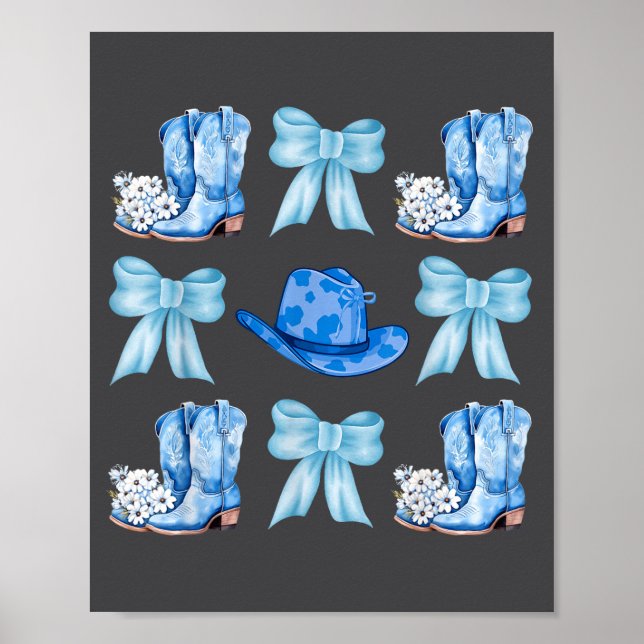 Poster Coquette Bow Cowgirl Boots Blue Bows Hat Western R (Frente)