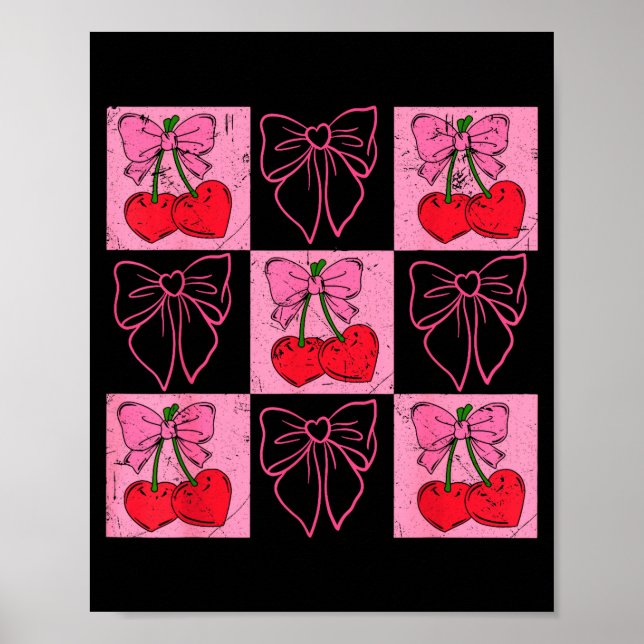Poster Coquette Checkred Pink Bow And Red Cherries Valent (Frente)