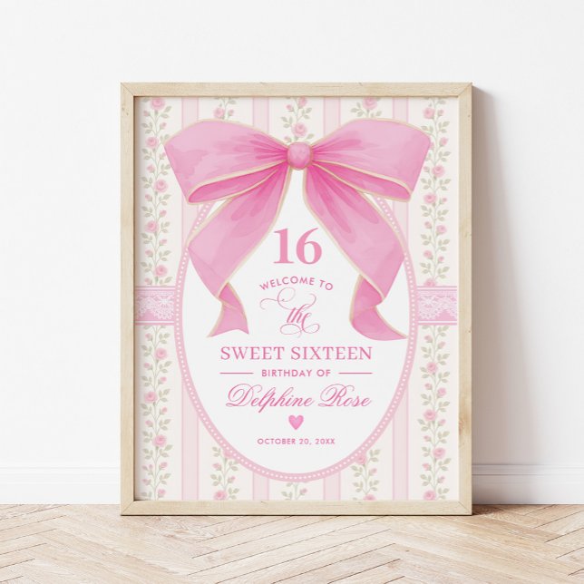 Poster Coquette Sweet 16 Pink Bow Roses Welcome (Criador carregado)