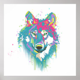 Póster Cor Azul Neon Aquarela Brilhante Folha Lobo