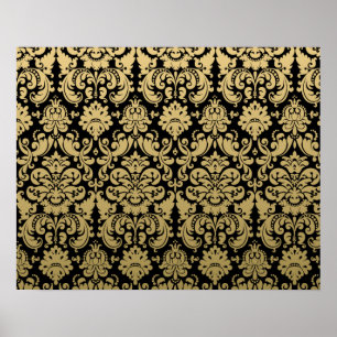 Póster Cor damasco elegante Dourado e preta