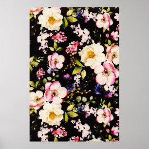 Poster Cor-de-água Cor rosa Rosas amarelas pretas Fundo p