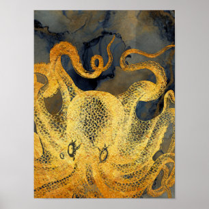 Poster Cor de Água da Tinta Negra Dourada Octopus Vintag
