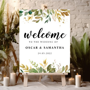 Poster Cor de Água Moderna Folha Verde e Gotas Douradas