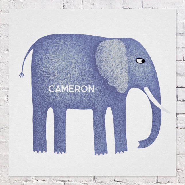 Póster Cor de Água Personalizada do Elefante Azul (Fun personalized kid's name blue elephant nursery decor poster)