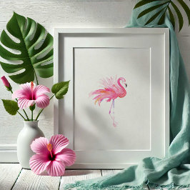 Poster Cor de Água Tropical Flamingo Rosa Moderna