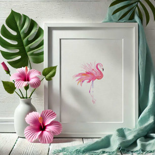 Poster Cor de Água Tropical Flamingo Rosa Moderna