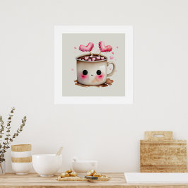 Poster Cor-de-rosa-branca e creme Mug de chocolate quente