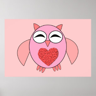 Poster cor-de-rosa da coruja do coração do amor
