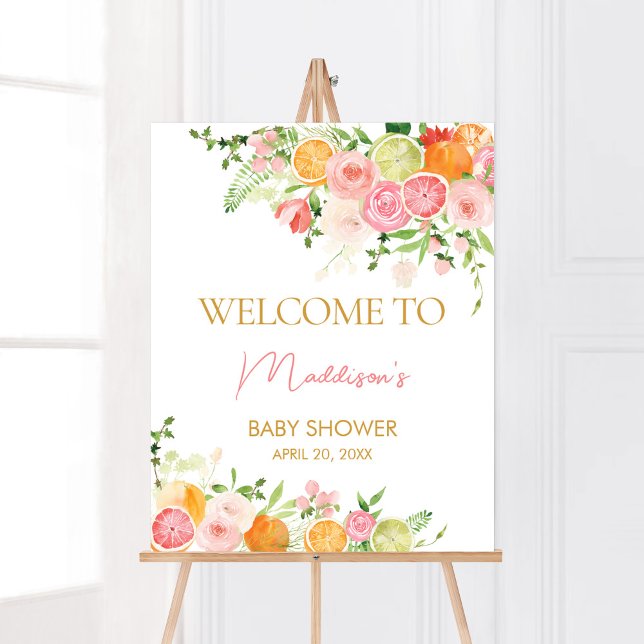 Poster Cor-de-rosa laranja cor-de-rosa (Girl Lemon Baby Shower Welcome Sign)